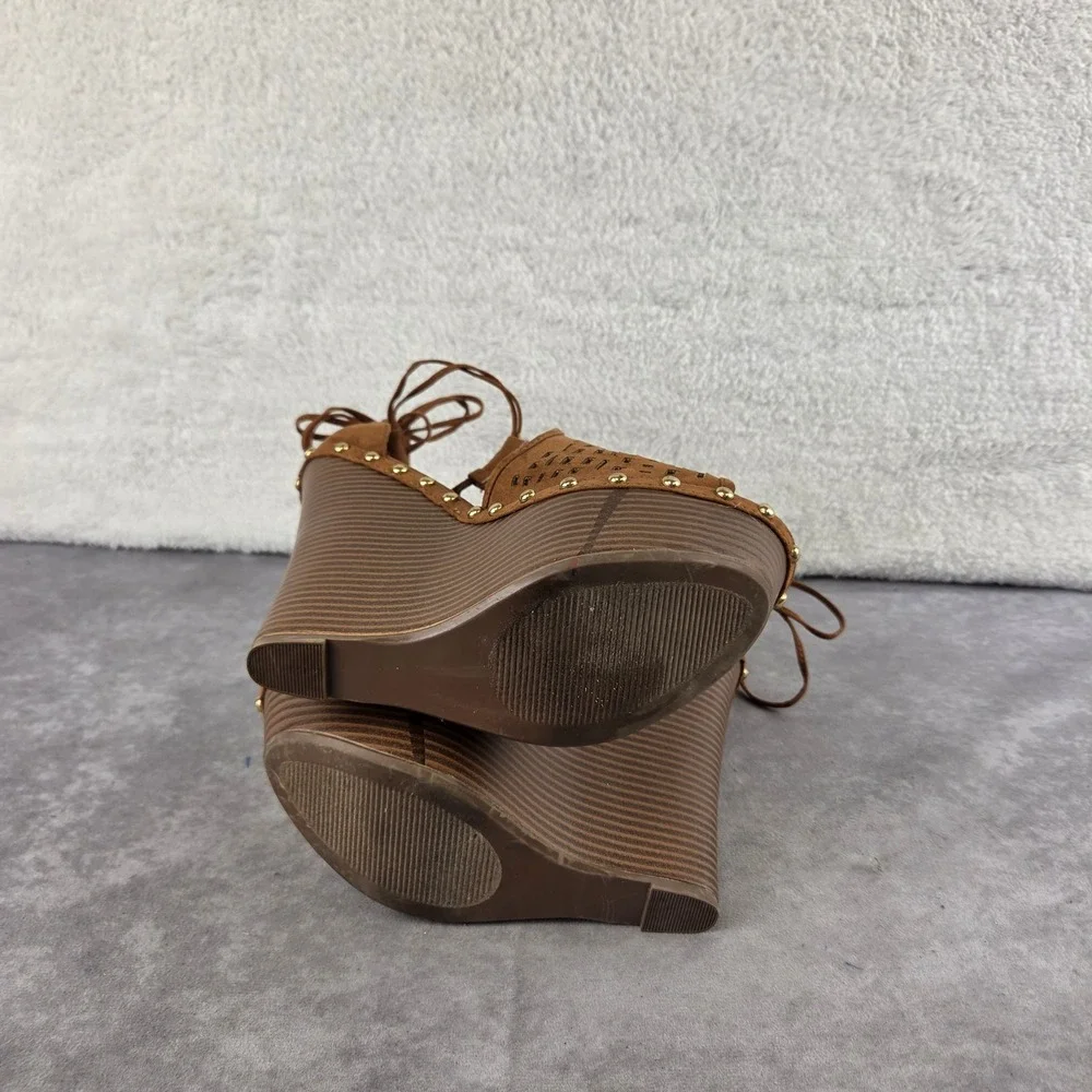 JustFab Brown Faux Suede Laser Cut Studded Tassel Lace Up Platform Wedges
